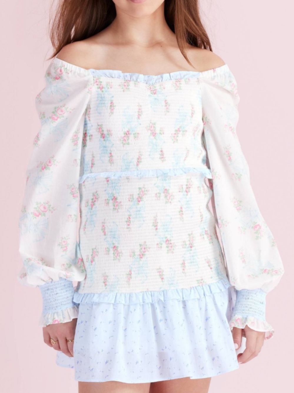 Loveshackfancy x Target Smocked Floral Puff-Sleeve dress in Light Blue and Whit